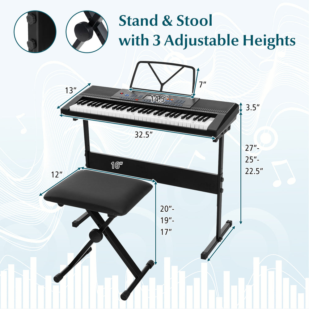 61-key electronic keyboard piano set with adjustable stand and padded stool, ideal for beginner musicians.