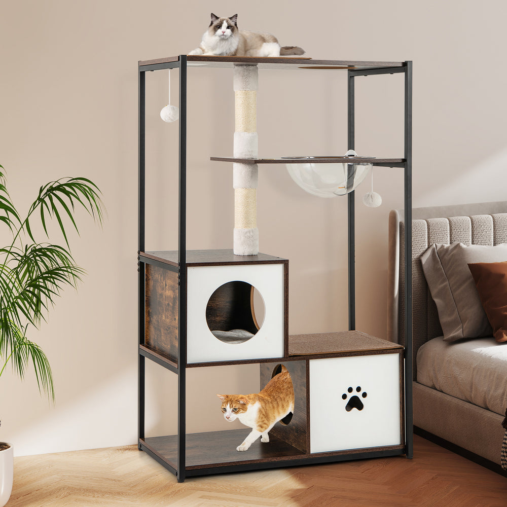 Wooden cat tree with metal frame, featuring 2 condos, soft cushions, and a transparent space capsule for playful.