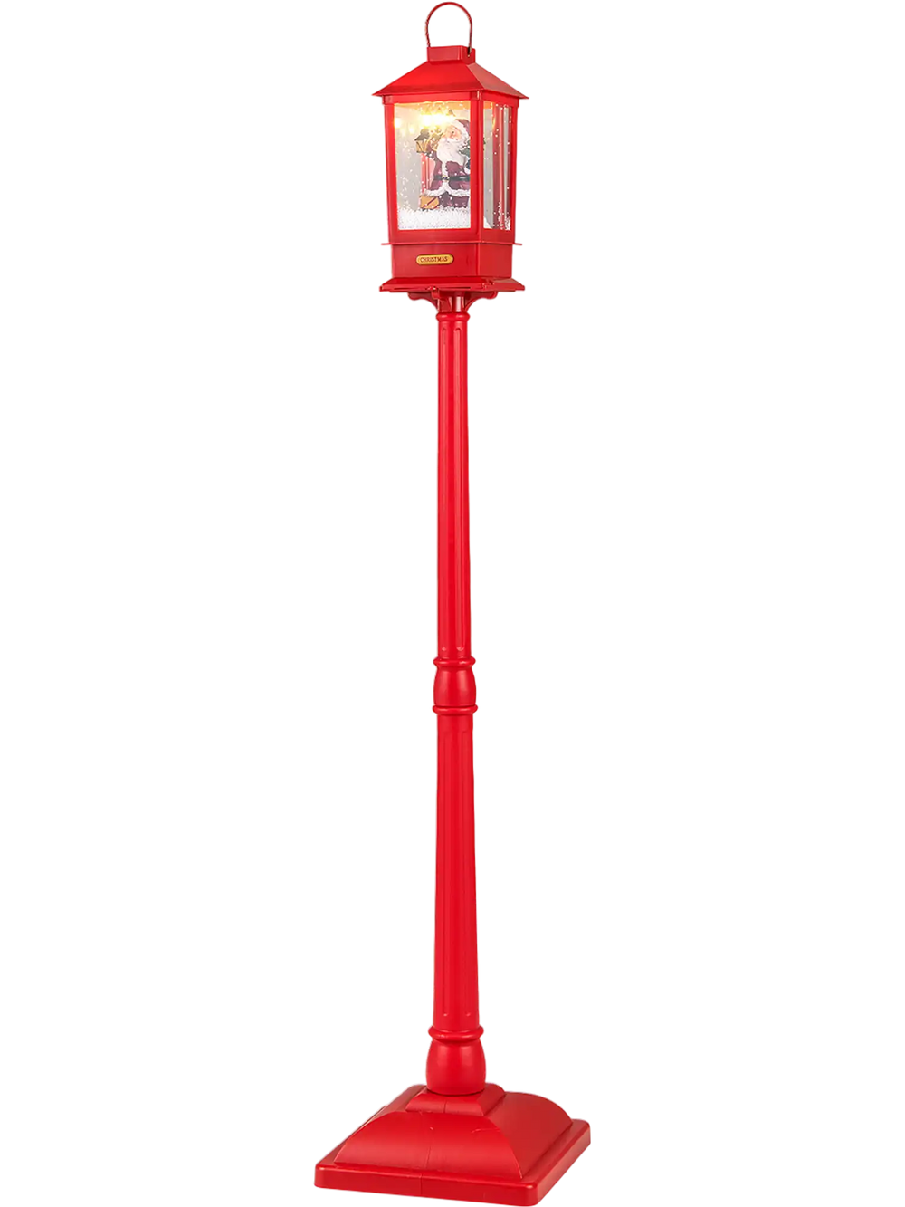 Red 61-inch Christmas musical street lamp post with detachable snow globe lantern, featuring Santa scenes and colorful.