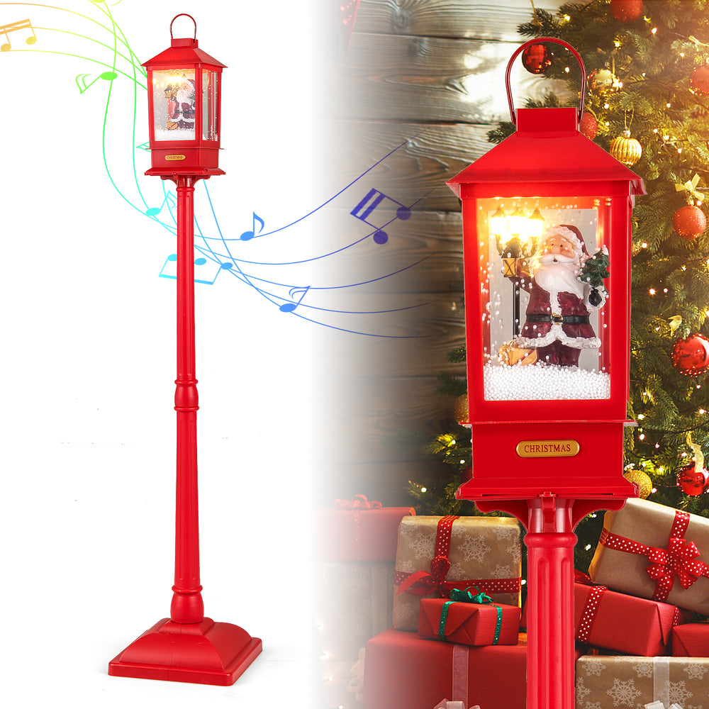 Red 61-inch Christmas musical street lamp post with detachable snow globe lantern, featuring Santa and colorful lights.