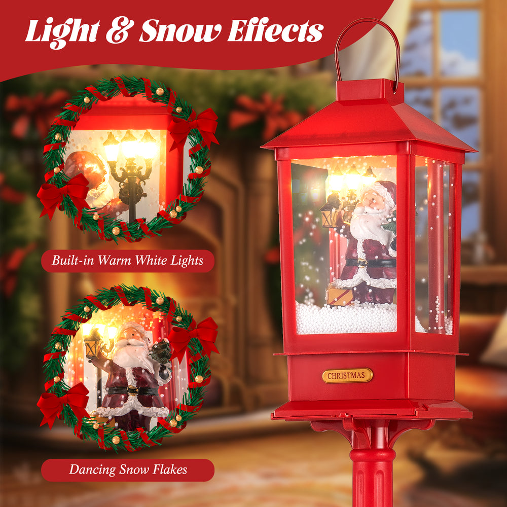 Christmas musical street lamp post with detachable snow globe lantern, featuring Santa and colorful lights for festive.