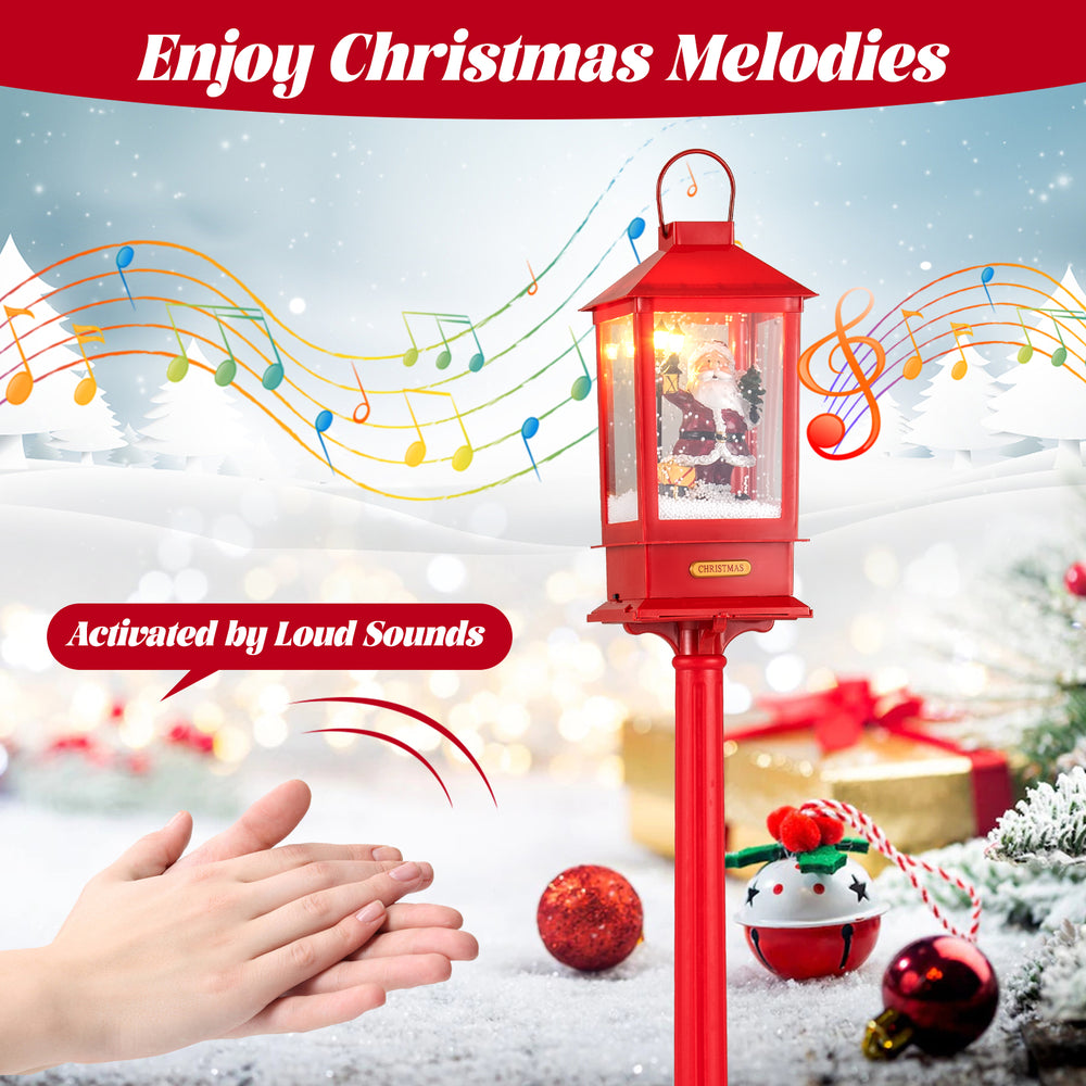 Christmas musical street lamp post with detachable snow globe lantern, red, sound-activated, perfect for festive.