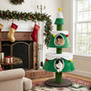 Cat Christmas tree with two large condos, plush star toy, and decorative balls, perfect for indoor kittens.