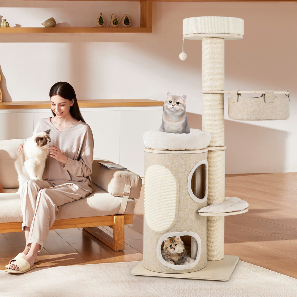 Cat tree with 2-storey condo and top perch, featuring sisal scratching posts and plush beds for indoor cats.