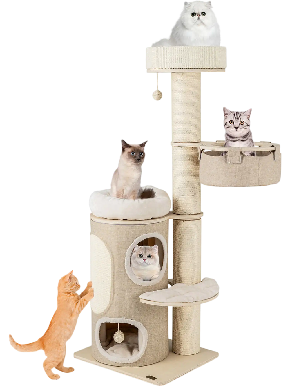 Cat tree with 2-storey condo, top perch, and sisal scratching posts for indoor cats, featuring cozy beds and hammocks.