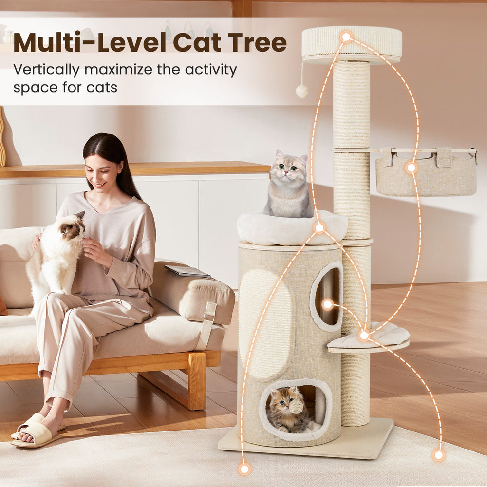 Multi-level cat tree featuring a large top perch, cozy condo, and sisal scratching posts for indoor cats' play and rest.