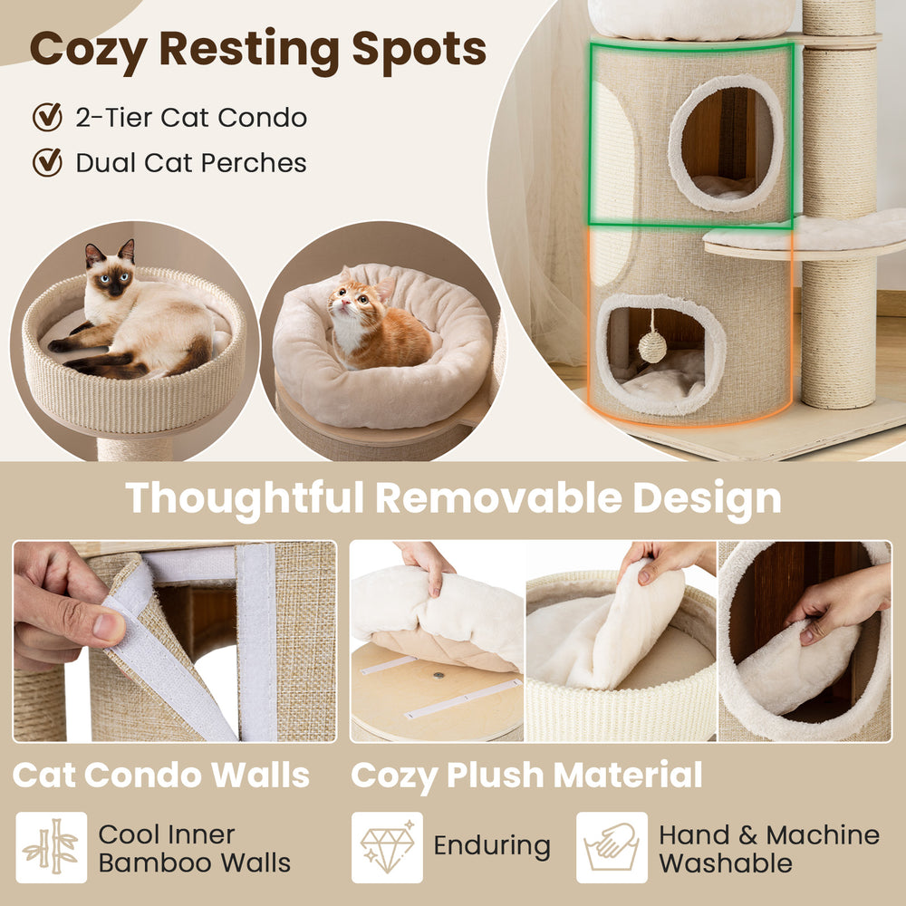 Cozy 61-inch cat tree with 2-storey condo, plush bed, and sisal scratching posts for indoor cats.