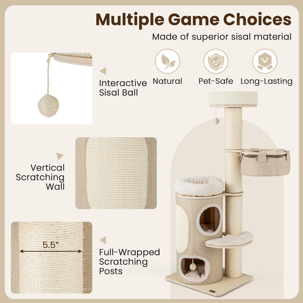 61-inch cat tree featuring a cozy 2-storey condo, top perch, and durable sisal scratching posts for indoor cats.
