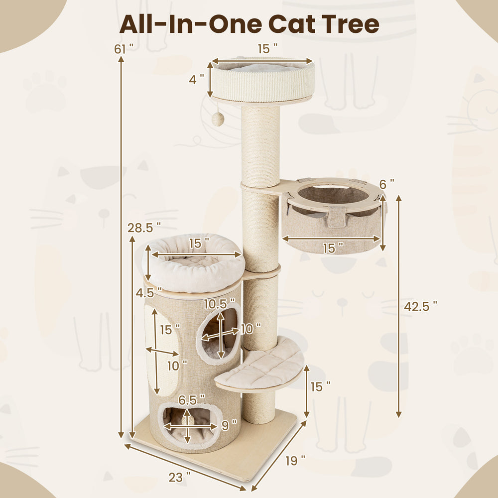 61-inch cat tree with 2-storey condo, top perch, and sisal scratching posts for indoor cats' comfort and play.