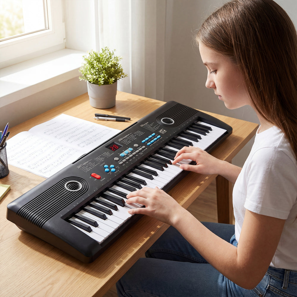 61-key black electric portable digital keyboard piano with dual speakers, ideal for beginners and easy to carry.
