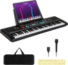 61-key electric portable digital keyboard piano in black with microphone, carry bag, and music stand for beginners.