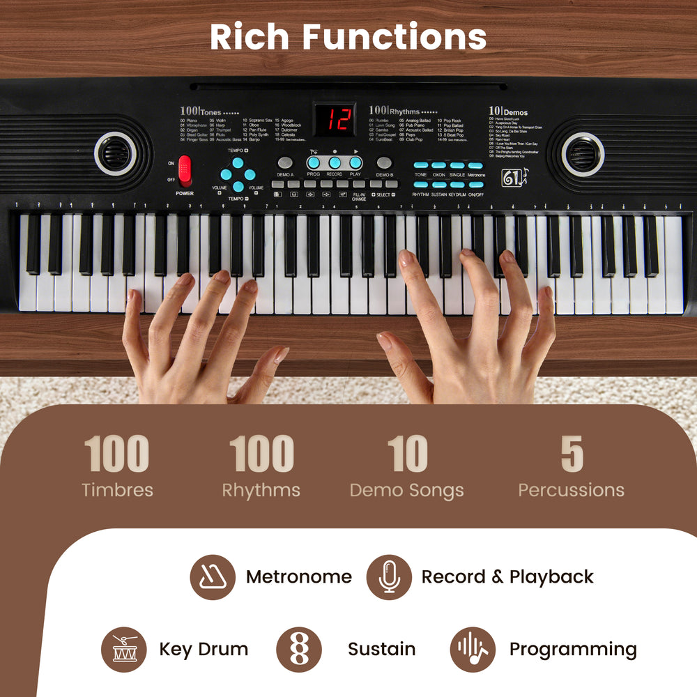 61-key electric portable digital keyboard in black, featuring 100 timbres and rhythms, ideal for beginners and music.