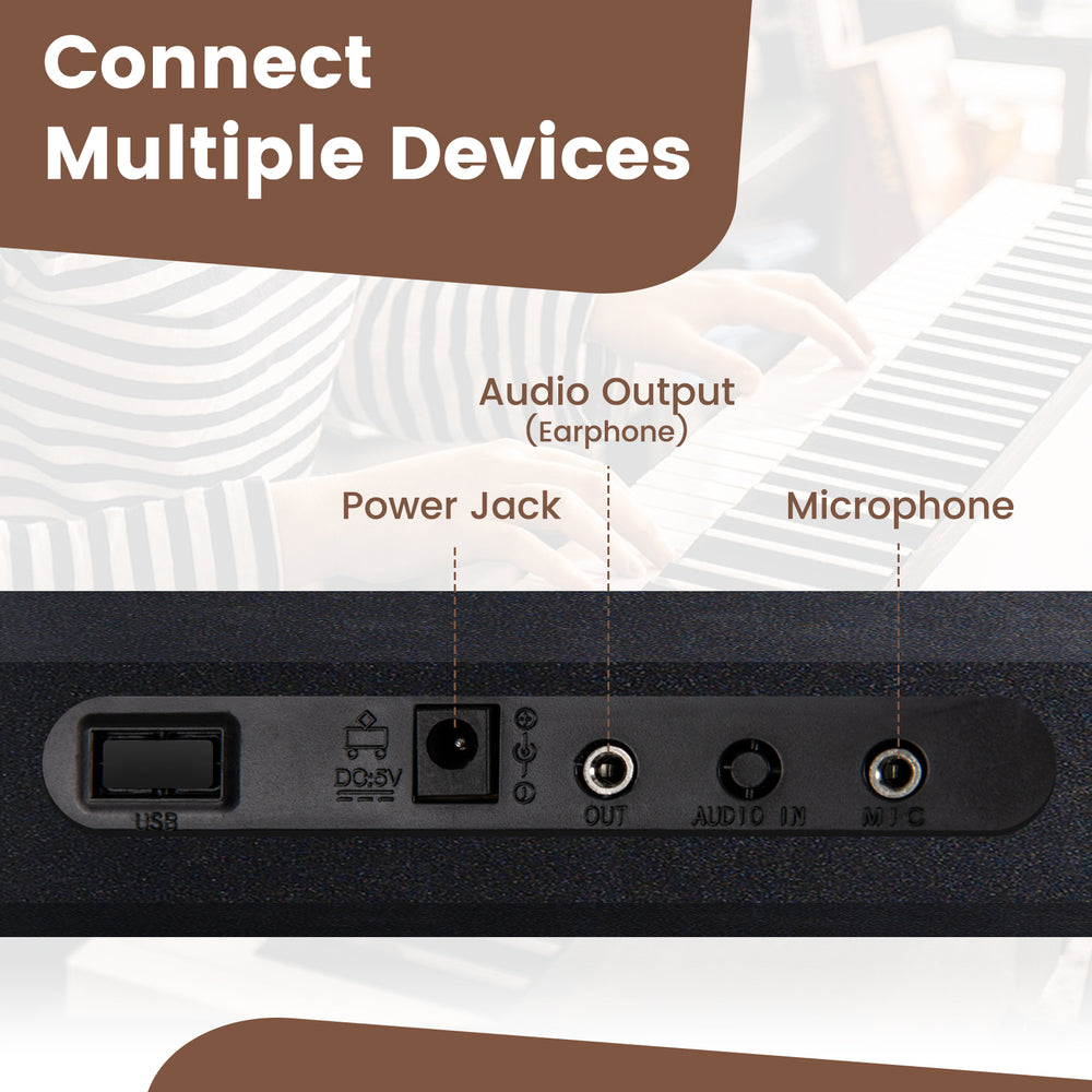 Back view of the 61 key electric portable digital keyboard showing power jack, microphone input, and audio output.