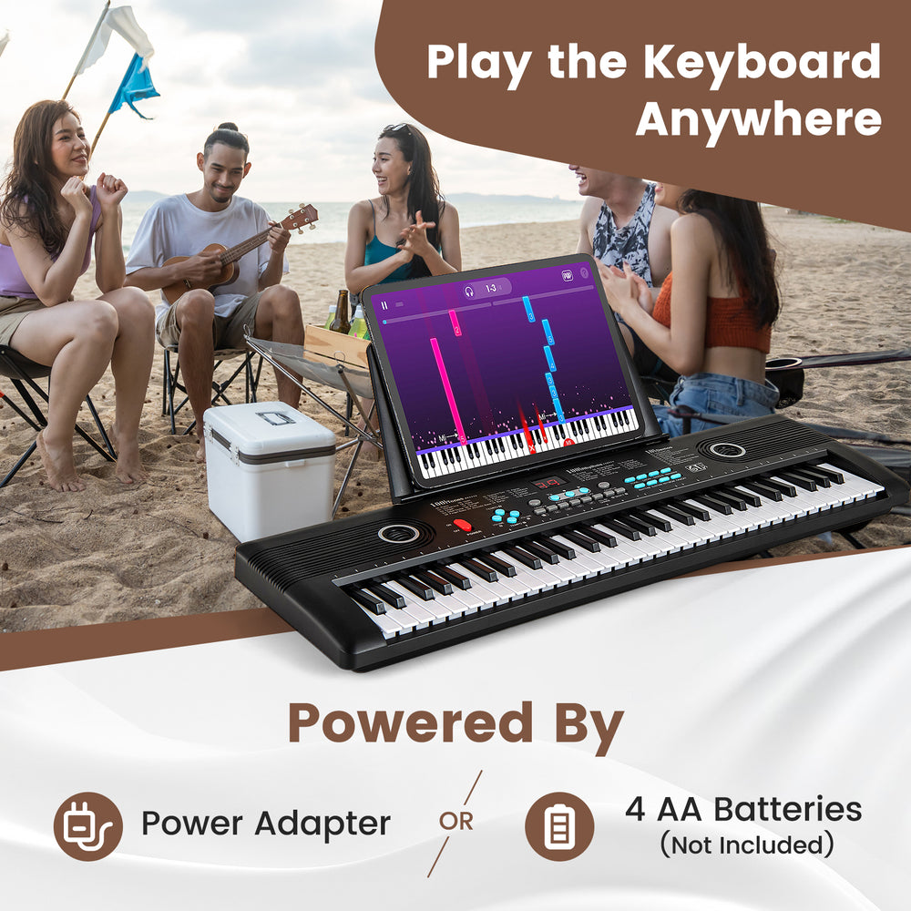 61-key electric portable digital keyboard in black, featuring dual speakers, perfect for outdoor music enjoyment.