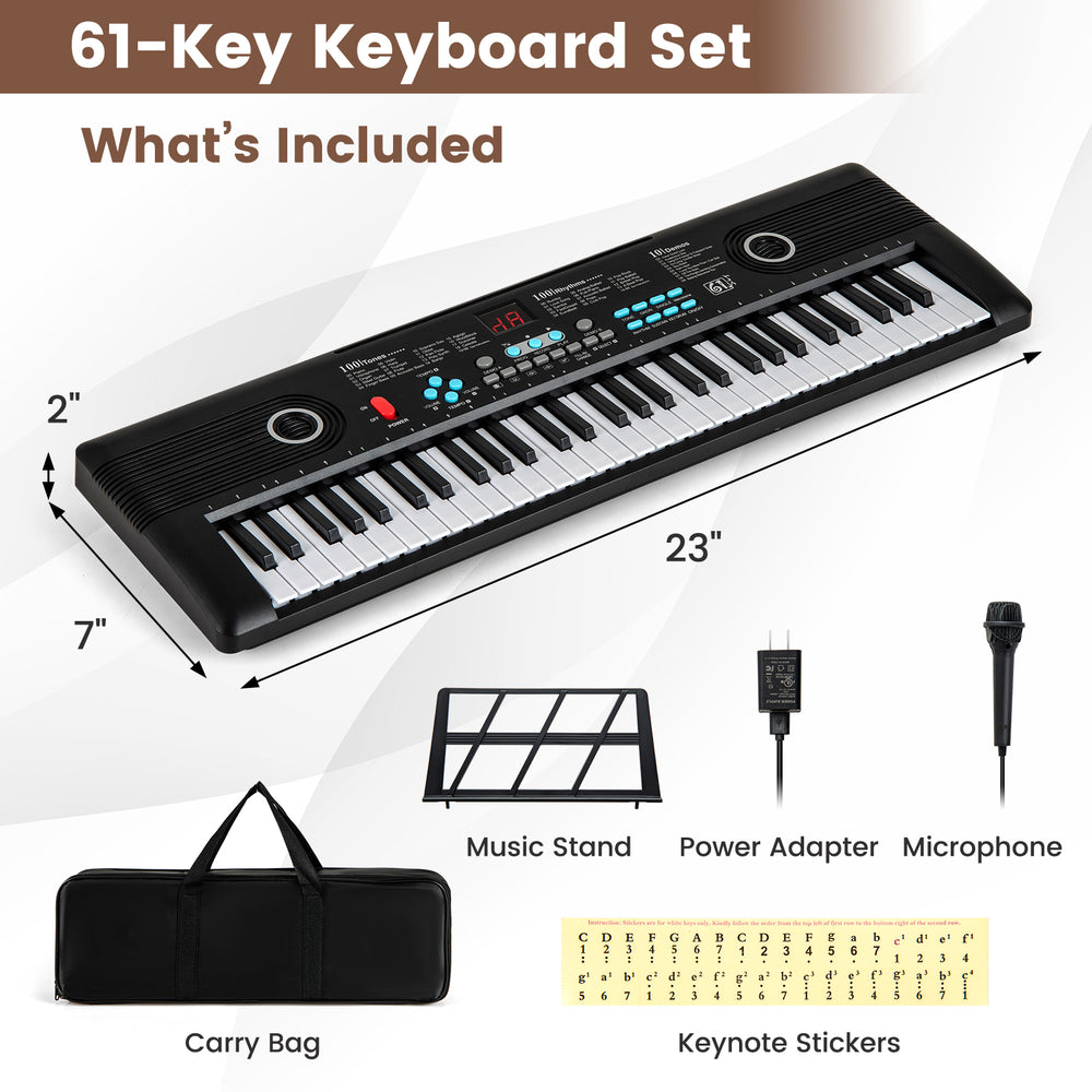 61-key electric portable digital keyboard in black with microphone, music stand, and carry bag for beginners.