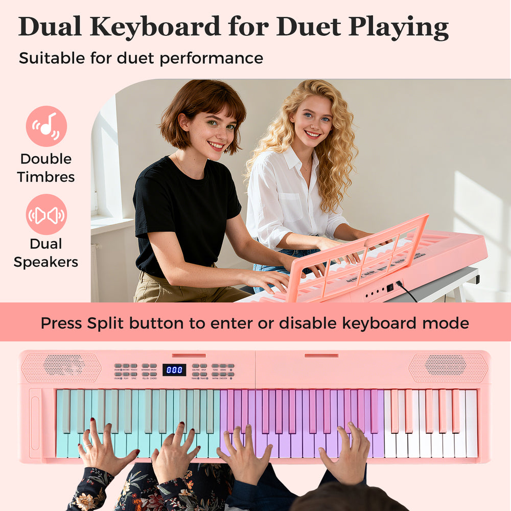 61-key foldable pink piano keyboard with dual speakers and split function, ideal for duet playing and music learning.