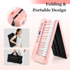 Foldable 61-key pink piano keyboard with MIDI function, portable design, and wood grain keys for easy transport.