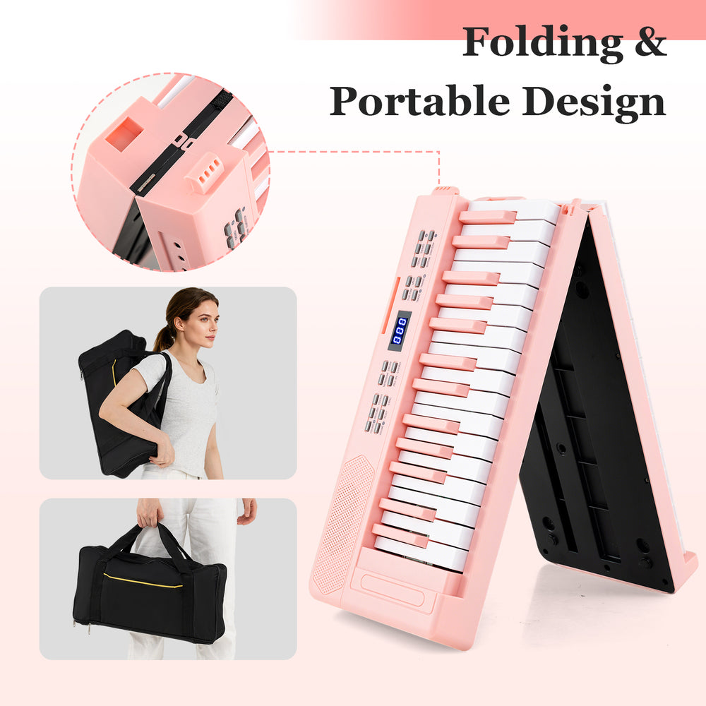 Foldable 61-key pink piano keyboard with MIDI function, portable design, and wood grain keys for easy transport.