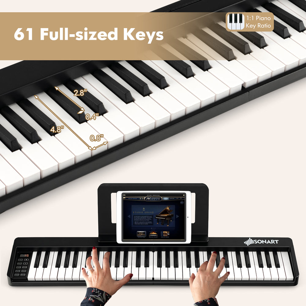 61-key folding piano keyboard with full-size keys, portable design, and LED control panel for easy operation.