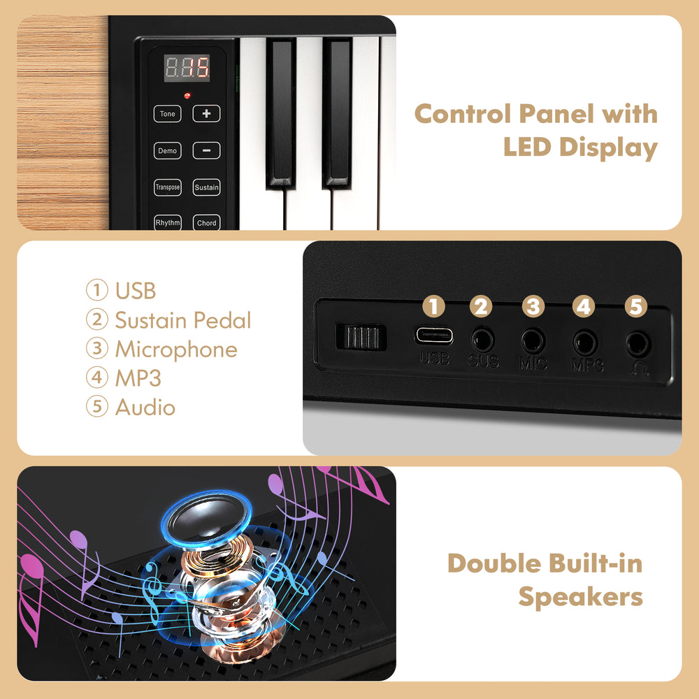 Control panel with LED display and multiple jacks on the 61-key folding piano keyboard for easy operation.