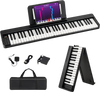 61-key folding piano keyboard in black with music stand, portable design, and dual wireless connections for versatile.