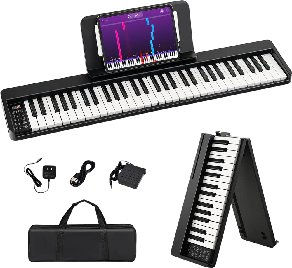 61-key folding piano keyboard in black with music stand, portable design, and dual wireless connections for versatile.