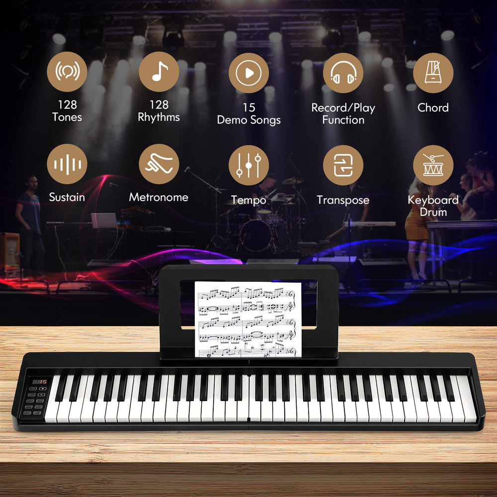 61-key folding piano keyboard in black with music stand, featuring dual wireless connections and portable design for.