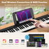 61-key folding piano keyboard with dual wireless connections and LED display, ideal for beginners and portable use.