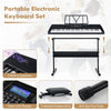 61-key portable electronic keyboard set with stand and stool, featuring dual keyboard function and clear LCD display.
