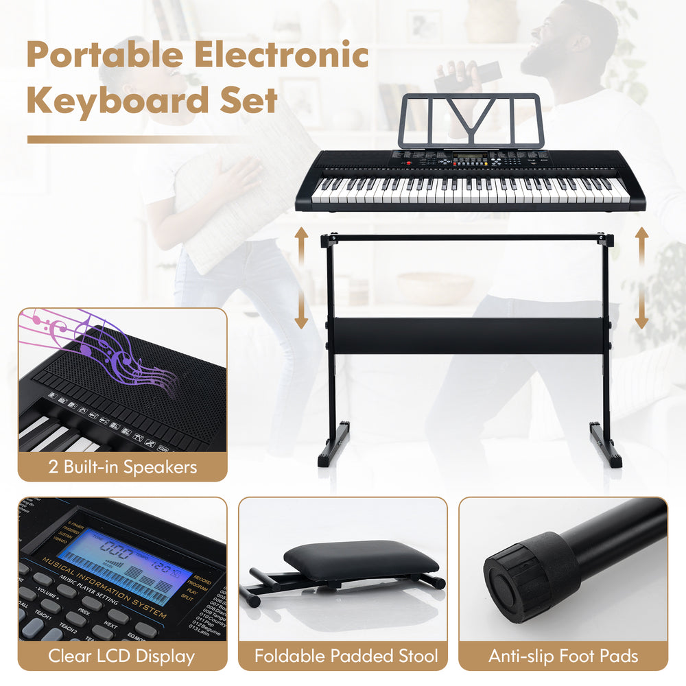 61-key portable electronic keyboard set with stand and stool, featuring dual keyboard function and clear LCD display.