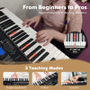 61-key electronic keyboard with light-up keys, teaching modes, and adjustable stand and stool for all skill levels.
