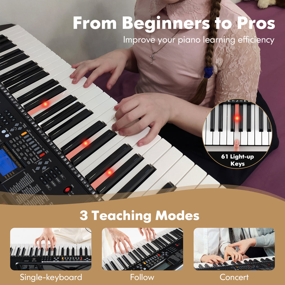 61-key electronic keyboard with light-up keys, teaching modes, and adjustable stand and stool for all skill levels.