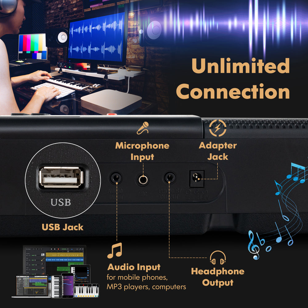 Close-up of the USB jack and audio inputs on the 61-key portable electronic keyboard piano for versatile connections.