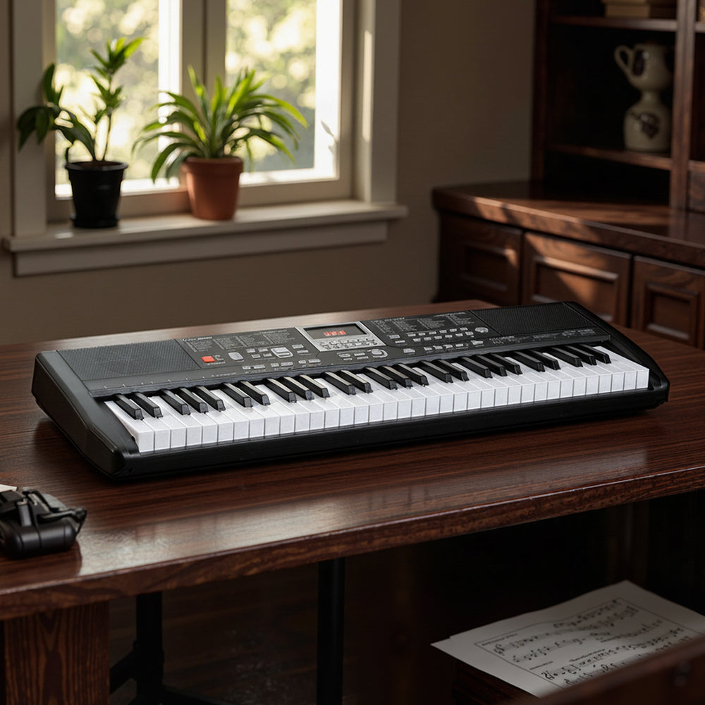 61-key electric keyboard with adjustable stand and stool, featuring light-up keys and dual keyboard function for.