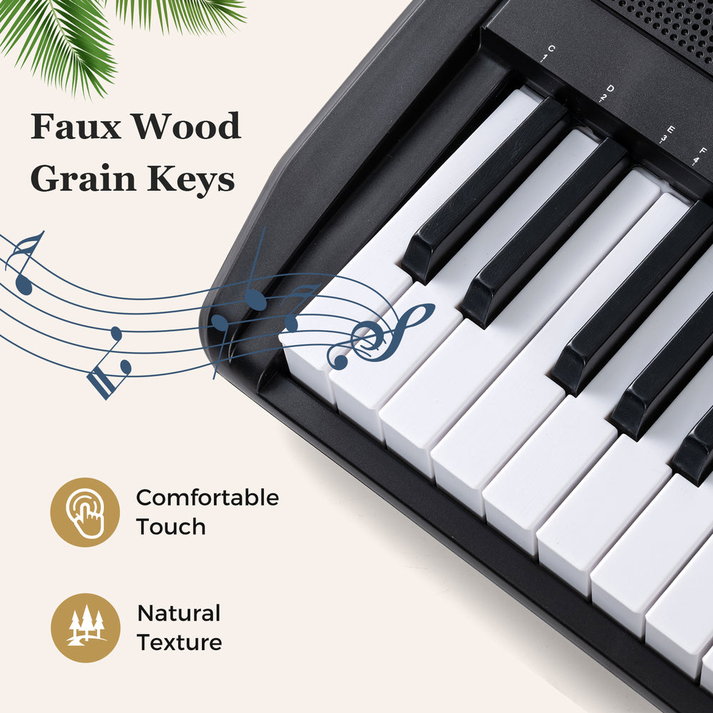Faux wood grain keys on a black electric keyboard, designed for beginners with a comfortable touch and natural texture.