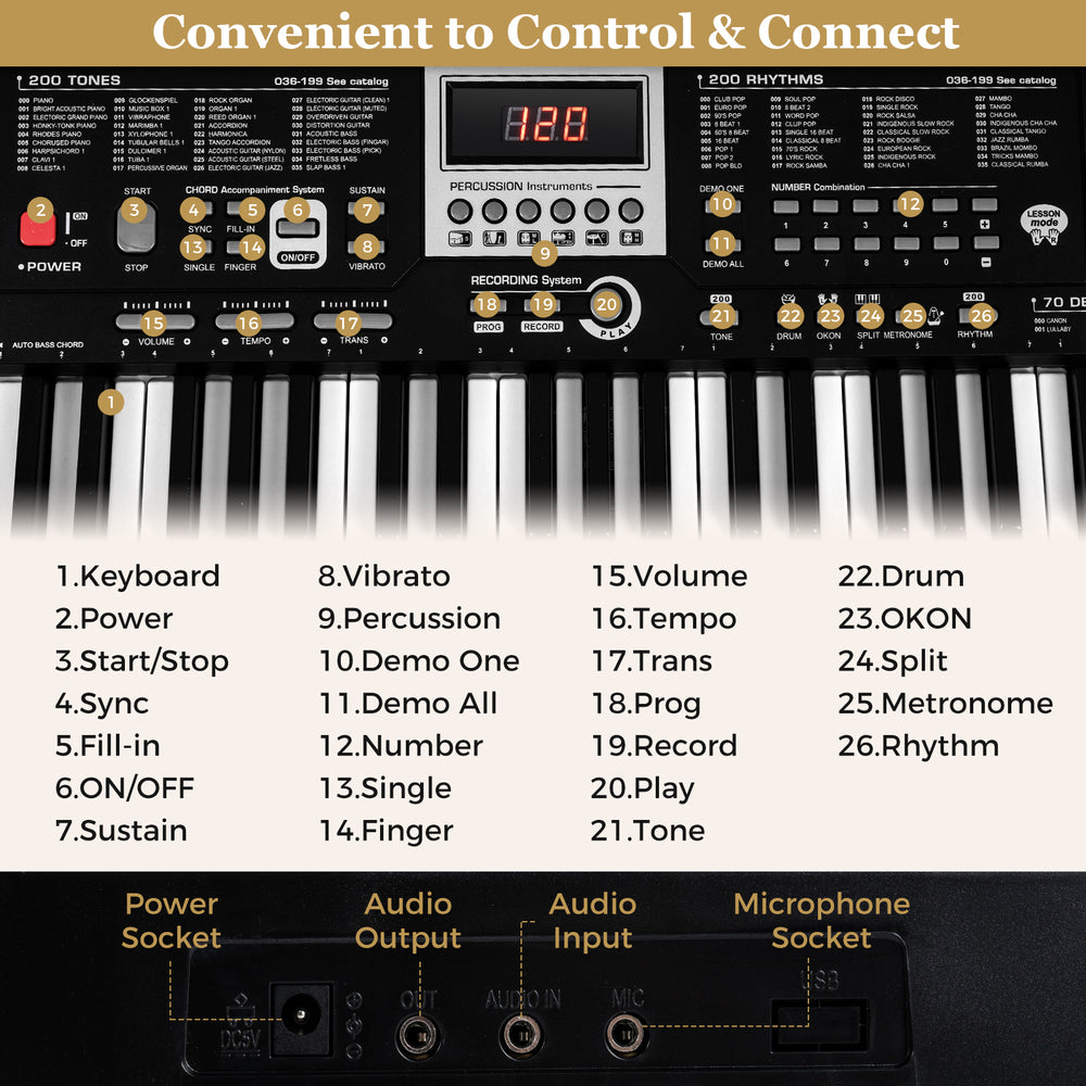 Control panel of a 61-key electric keyboard, showcasing buttons for power, volume, tempo, and connections for audio.
