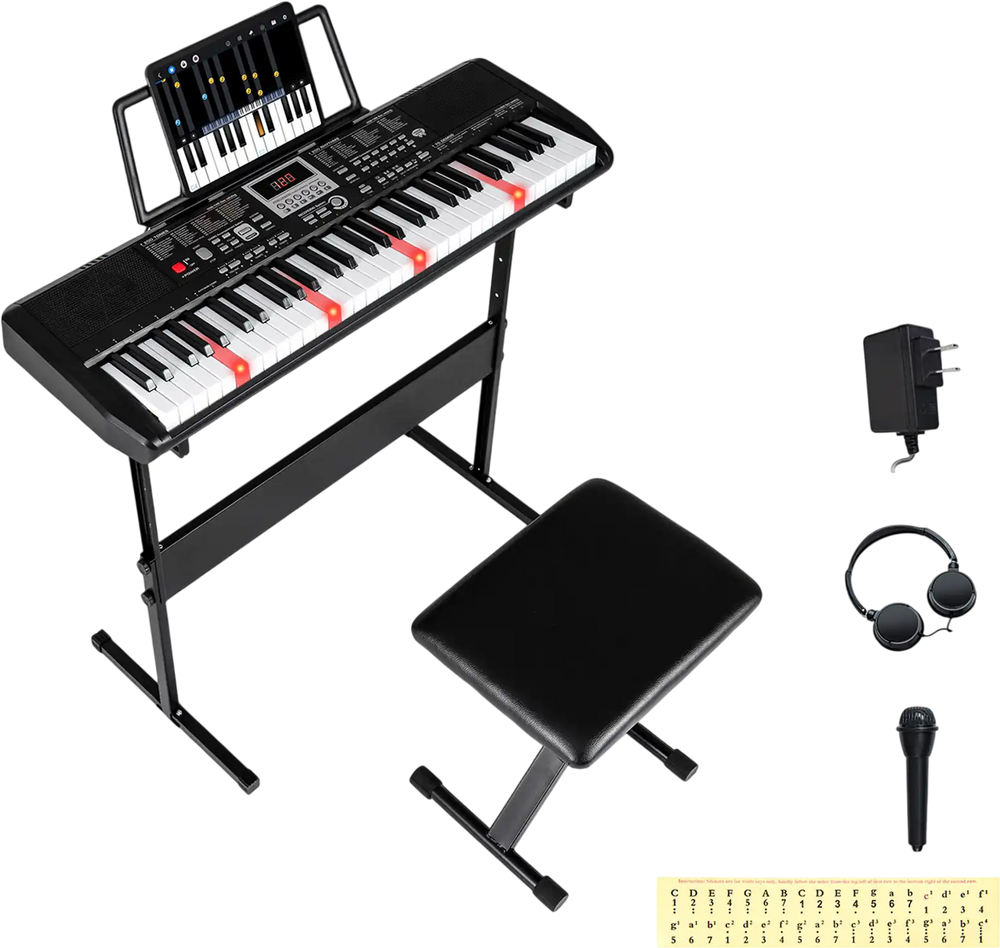 61-key electric keyboard kit with adjustable stand, stool, headphones, and microphone for beginner musicians.
