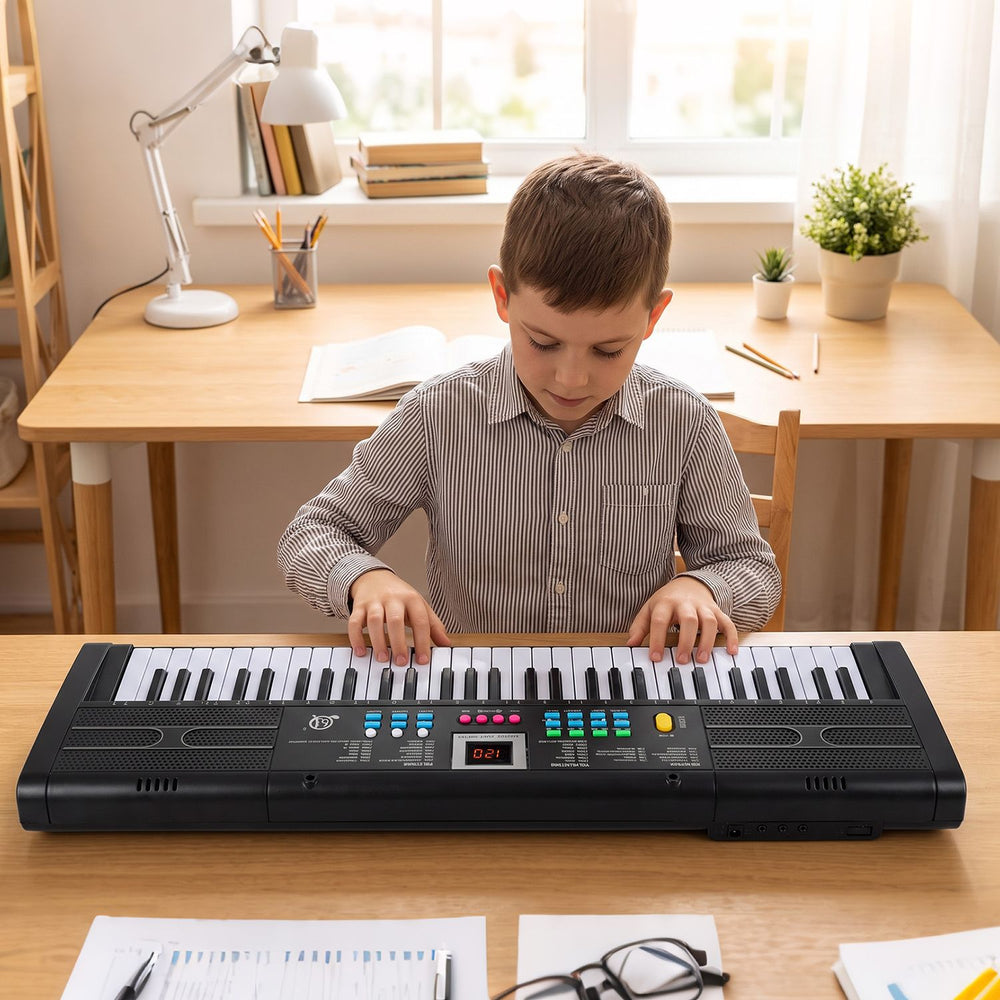 A young boy plays the 61-key black kids piano keyboard with microphone and music stand, enhancing his musical skills.