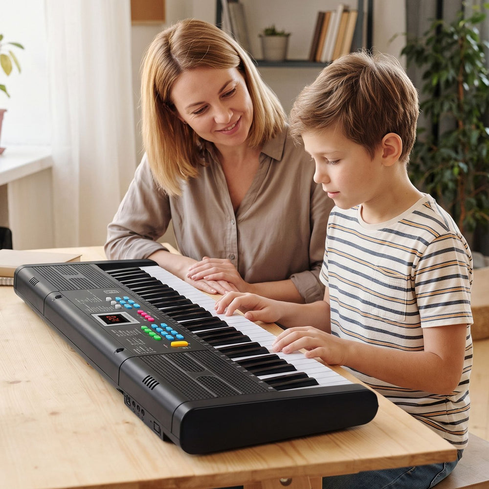 61-key kids piano keyboard in black with microphone and music stand, perfect for interactive learning and musical play.