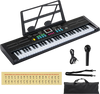 61-key black piano keyboard for kids with microphone, music stand, and dual speakers for interactive learning and fun.