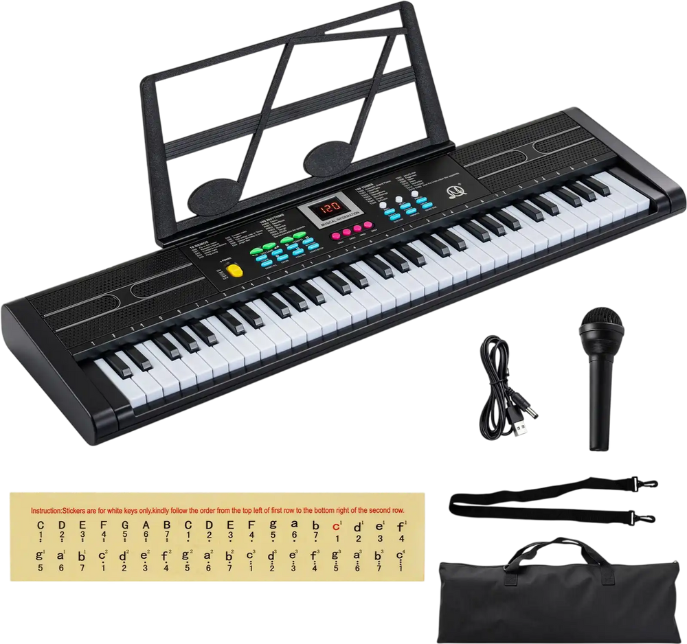 61-key black piano keyboard for kids with microphone, music stand, and dual speakers for interactive learning and fun.