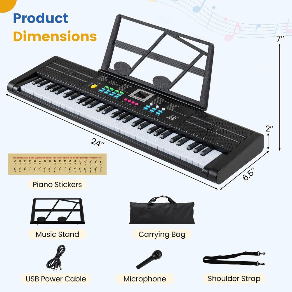 61-key kids piano keyboard in black with microphone, music stand, and adjustable features for interactive learning.