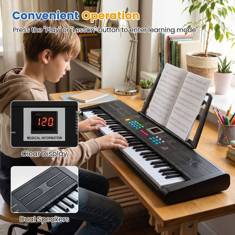 61-key black piano keyboard with microphone and music stand, featuring dual speakers and a clear display for kids' learning.