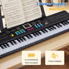61-key kids piano keyboard in black with microphone, music stand, and dual speakers for interactive musical play.