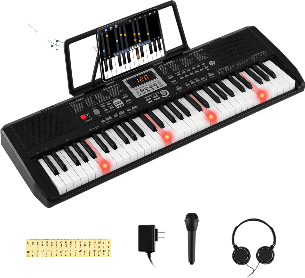 61-key portable electric piano keyboard in black with LED display, teaching mode, and included microphone and.