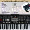 Multifunctional control panel of a 61 keys portable keyboard with 200 rhythms and tones, ideal for beginners.