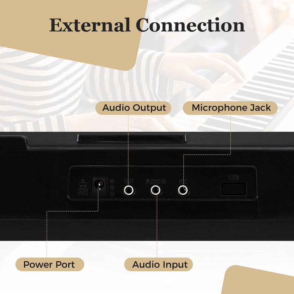 External connection ports of the 61 Keys Portable Keyboard, including audio input, output, and microphone jack for.