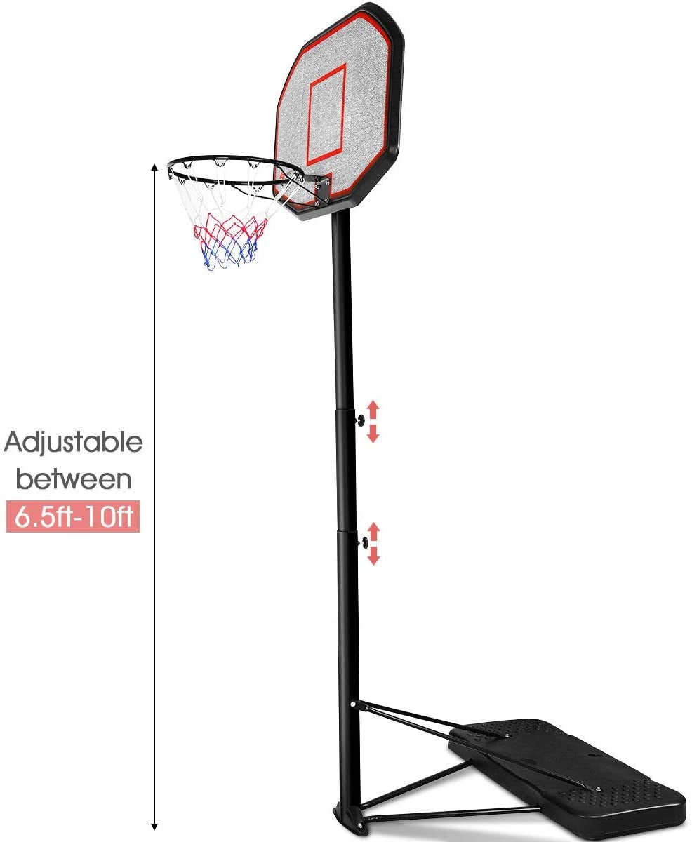 Height adjustable basketball hoop with a 43-inch rim, durable steel frame, and a base for added support.