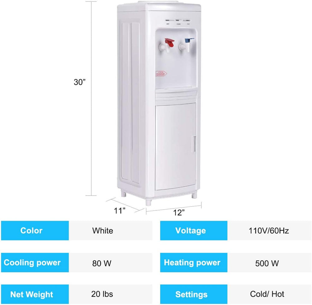 5-gallon hot and cold water cooler dispenser in white with child safety lock, perfect for home and office use.