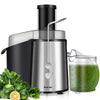 Electric juice press with stainless steel design, 75mm feeder chute, for easy juicing of whole fruits and vegetables.